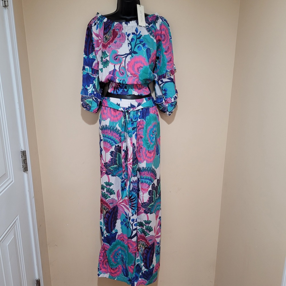 Rachel Zoe Floral Wide Leg Set Tropical Palooza women LG Nwt resort beach blue
